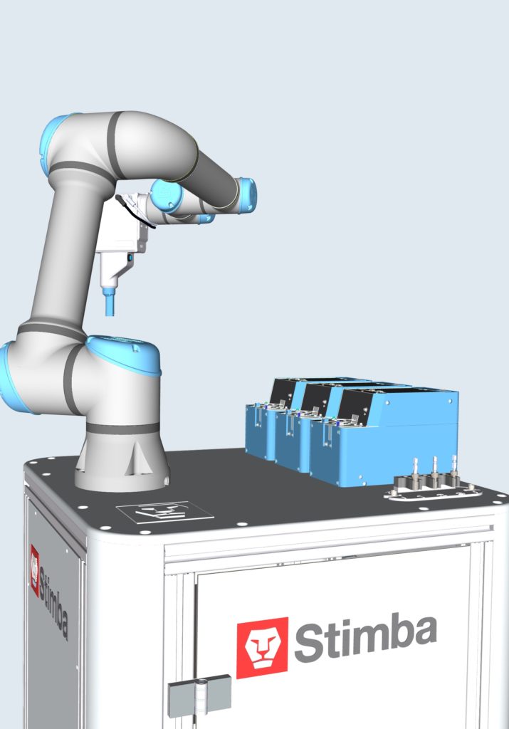 Spin Robotics SD35 a UR5e na presunuteľnej podstave Stimba vrátane automatickej výmeny bitov a 3 typov skrutiek