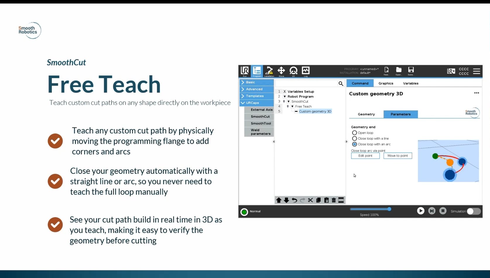 SmoothCut Free Teach — učenie vlastnej dráhy rezu fyzickým vedením cobota Universal Robots