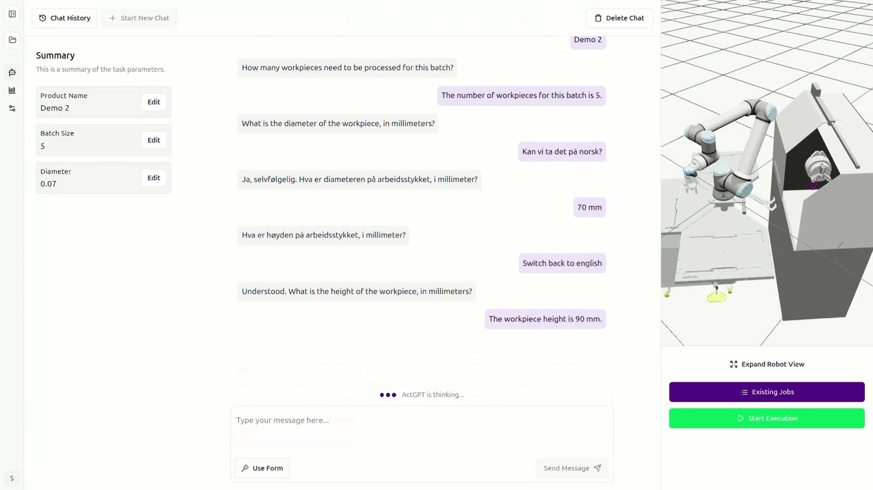 AI agent Acteris sa pýta operátora na parametre dielu a vytvára robotickú úlohu rozhovorom